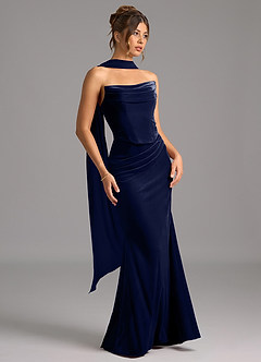 Azazie Sorrel Vestidos de damas de honor Vestido de Azul Marino Oscuro de terciopelo de Corte Sirena Convertible con Corsé image4