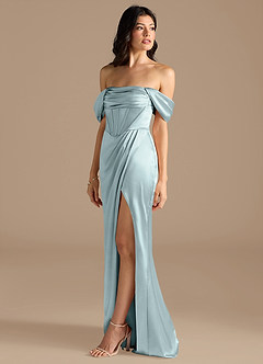 Azazie Lynden Final Sale Mist Sheath Off the Shoulder Metallic Satin Convertible Dress image7