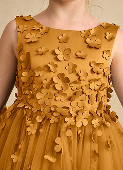 Azazie Lana Robe Demoiselle D'honneur Fillette Robe Trapèze en Mat Satiné Sans manches Caramel écossais image6