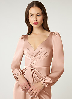 Azazie Mel Bridesmaid Dresses Rose Gold Sheath Long Sleeve Stretch Satin Dress image5