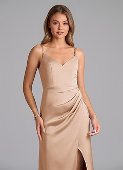 Azazie Leo Vestidos de damas de honor Vestido de Rosa Inglesa de Satén Elástico de Corte Recto con Plisado image3