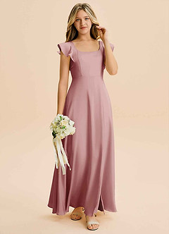 Azazie Bondi Junior A라인 사이드 슬릿 스트레치 새틴 플로어 길이 주니어 신부 들러리 드레스 image4