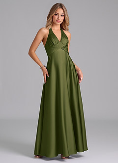 Azazie Tessie Bridesmaid Dresses Bright Olive A-Line Pleated Stretch Satin Dress image4