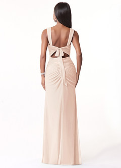Azazie Jesaphine Bridesmaid Dresses Blushing Pink Sheath Ruched Mesh Dress image2