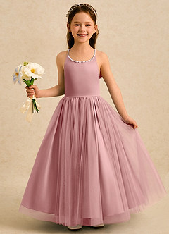 Azazie Aurora vestidos de niña de las flores Vestido Rosa Polvorienta de Tul de Corte en A con Lazo image3