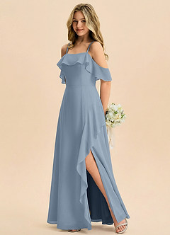 Azazie Junia Junior Robe Trapèze en Mousseline de soie Épaule décolletée Bleu Poussiéreux image3