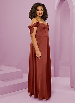 Barbie ♥ Azazie Bridesmaid Dresses Terracotta A-Line Off the Shoulder Stretch Satin Dress image12