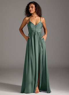 Azazie Alia 신부 들러리 드레스 A라인 주름진 스트레치 새틴 바닥 길이 드레스 image7