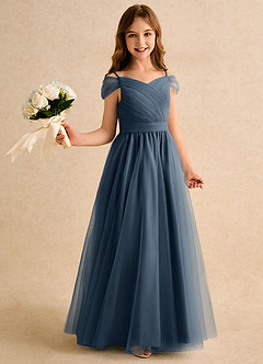 Azazie Yuna Girls Formal Robe Demoiselle D'honneur Fillette Robe Trapèze en Tulle Épaule décolletée Neptune image1