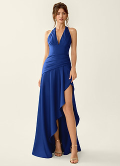 Titania Bleu Roi Robe de bal en satin à col en V et volants image3