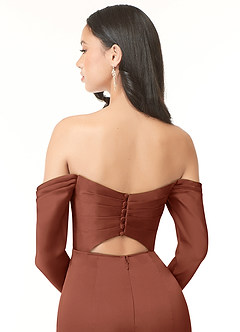 Azazie Hallie Bridesmaid Dresses Clay Sheath Off-The-Shoulder Long Sleeve Stretch Satin Convertible Dress image8