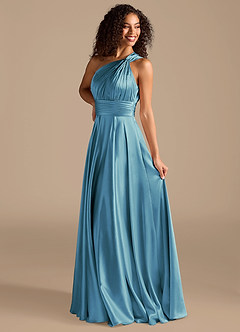 Azazie Charlize Bridesmaid Dresses Steel Blue A-Line One Shoulder Metallic Satin Dress image10
