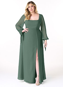 Azazie Leonia Bridesmaid Dresses Sea Moss A-Line Long Sleeve Chiffon Dress image8