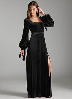 Azazie Leonia Bridesmaid Dresses Black A-Line Long Sleeve Velvet Dress image4