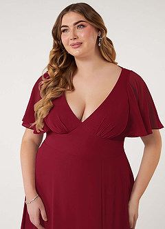 Azazie Kimber Vestidos de damas de honor Vestido de Borgoña de Gasa de Corte en A con Manga volante image12