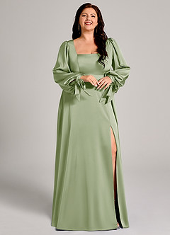 Azazie Leonia Robes de demoiselle d'honneur Robe Trapèze en Satin extensible Manche longue Vert Sauge image12