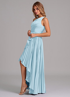 Azazie Lyrica Abiti da Damigella Abito A-Line in Raso Elasticizzato Monospalla Azzurro image5