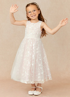 Azazie Darcey Flower Girl Dresses Diamond White Blushing Pink A-Line Lace Dress image3