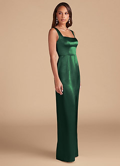 Azazie Flori Vestidos de damas de honor Vestido de Verde Oscuro de Satén Metálico de Corte Recto con Corte Lateral image5
