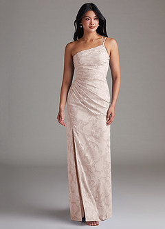 Azazie Eren Bridesmaid Dresses Blushing Pink Sheath One Shoulder Floral Burnout Dress image4