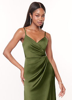 Azazie Maci Brautjungfernkleider A-Linie V-Hals Gefaltet Stretch-Satin Kleid Olivgrün image5