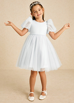 Azazie Blondie Flower Girl Dresses Diamond White A-Line with Sleeves Tulle Dress image4