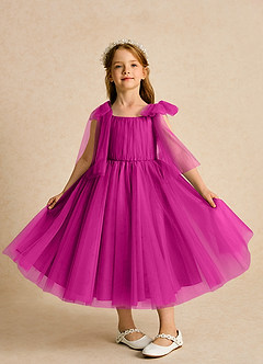 Azazie Dori Robe Demoiselle D'honneur Fillette Robe Trapèze en Tulle Rayé Fuchsia image6