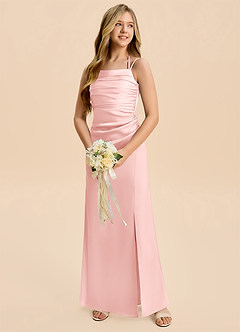 Azazie Nova Junior Powder Pink Sheath Pleated Stretch Satin Dress image3