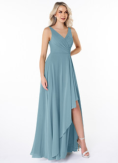 Azazie Calvi Bridesmaid Dresses Moody Blue A-Line Ruched Chiffon Dress image3