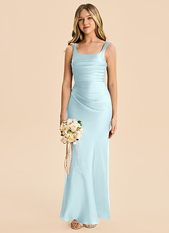 Azazie Agustina Junior Cloud Blue Sheath Pleated Stretch Satin Dress image4