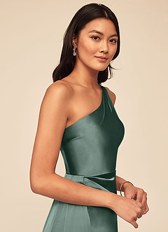 Azazie Maron Bridesmaid Dresses Sea Moss A-Line One Shoulder Stretch Satin Dress image5