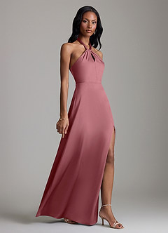 Azazie Tracie Bridesmaid Dresses Desert Rose A-Line Side Slit Stretch Satin Dress image3