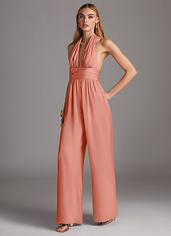 Azazie Oli Bridesmaid Dresses Coral Pleated Stretch Satin Jumpsuit image4