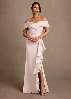 Azazie Kirsty Mother of the Bride Dresses Blushing Pink Sheath Off the Shoulder Stretch Satin Dress image1