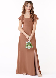 Azazie Bondi Junior Bronzer A-Line Bow Chiffon Dress image1