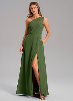 Azazie Phaedra Bridesmaid Dresses Olive A-Line One Shoulder Chiffon Dress image3