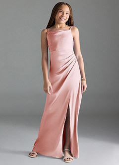 Azazie Leonis Junior Blushing Pink A-Line Pleated Stretch Satin Dress image1