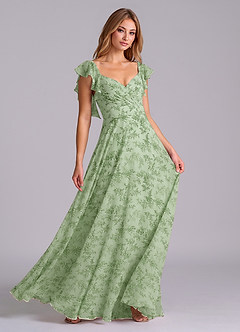 Azazie Leilani Vestidos de damas de honor Vestido de Floral Helecho Verde de Gasa de Corte en A con Plisado image3