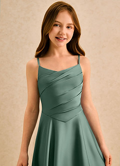 Azazie Coconut Girls Formal Flower Girl Dresses Eucalyptus A-Line Pleated Stretch Satin Dress image6