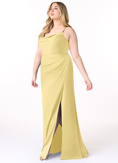 Azazie Marzia Vestidos de damas de honor Vestido de Sorbete De Limón de Satén Elástico de Corte Recto con Cuello V Plisado image9