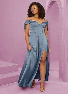 Barbie ♥ Azazie Bridesmaid Dresses Dusty Blue A-Line Off the Shoulder Stretch Satin Dress image10