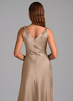 Azazie Nerine Bridesmaid Dresses Taupe A-Line Pleated Stretch Satin Dress image2