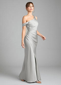 Azazie Madelyn Bridesmaid Dresses Silver Mermaid One Shoulder Stretch Satin Convertible Dress image5