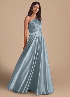 Azazie Charlize Bridesmaid Dresses Dusty Blue A-Line One Shoulder Metallic Satin Dress image4