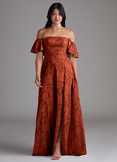 Azazie Sue Bridesmaid Dresses Auburn A-Line Off the Shoulder Floral Burnout Convertible Dress image1
