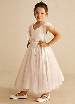 Azazie Minia vestidos de niña de las flores Vestido de Alabastro Blanco de Satin Mate de Corte En A con Lazo image5