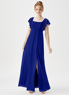 Azazie Bondi Junior A-Linie Seitliche Cut-Outs Gittergewebe Kleid Königsblau image3