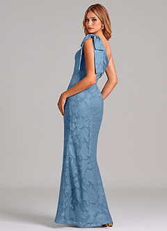 Azazie Yuanna Venta Final Vestido de Azul Acero de Devorado Floral de Corte Sirena con Hombro unilateral image5