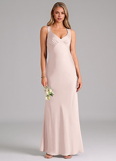 Azazie Kamila Bridesmaid Dresses Blushing Pink A-Line Pleated Stretch Satin Dress image1