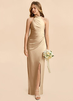 Azazie Jemma Junior Champagne Sheath Ruched Stretch Satin Dress image3
